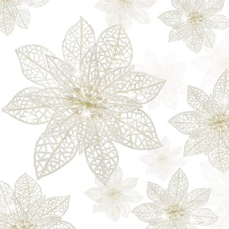 36 poinsettias artificiels à paillettes de 3 tailles, fleurs de mariage et décorations de Noël pour sapin (blanc) (1/5)