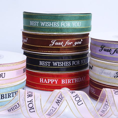 Ruban cadeau à motif lettres, couleurs vives et résistantes à la décoloration, idéal pour emballer des cadeaux d'anniversaire, beige, bord doré. (1/5)