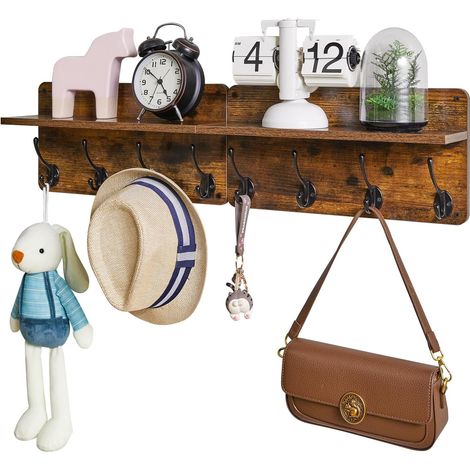 cintre mural, cintre en bois, ensemble de 2, cintre d'accès avec 8 crochets, étagère flottante 80cm L porte - clés, pour cuisine, salle de bains, salon, brun rouille, HWS006H-2 (1/5)