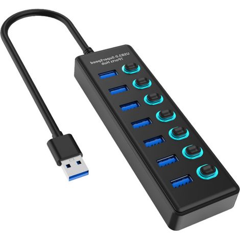 Hub USB 3.0 à 7 ports – Hub multiport USB avec interrupteurs et voyants individuels – Adaptateur/répartiteur multiport USB – Prolongateur de hub USB haute vitesse pour PC (1/5)