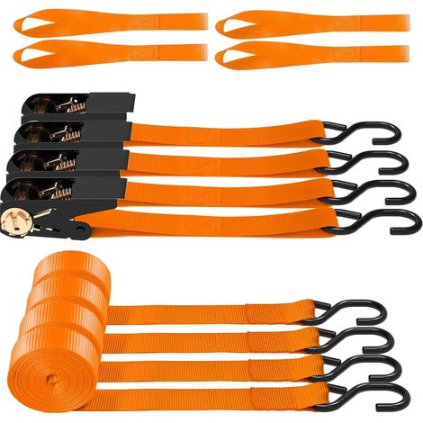 Lot de 4 Sangles à Cliquet – 680 kg de Résistance à la Rupture, 4,5 m de Longueur, Orange avec Crochets en S (1/5)