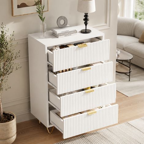 Commode à 4 tiroirs 60×34×91cm, grande capacité, meuble de rangement, panneau à motif ondulé, armoire de rangement, anti-basculement, poignées et pieds en métal, pour chambres et salons, MDF, Blanc (1/5)
