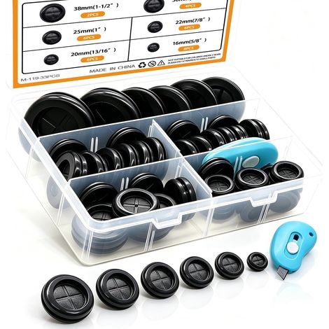 33PCS Kit de joints en caoutchouc 6 tailles, bouchons ronds double face avec cutter rétractable pour protection des câbles et fils (1/5)