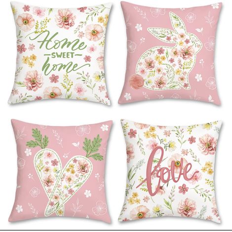 Housses de coussin décoratives de Pâques (45 x 45 cm) – Housses de coussin décoratives roses – Taies d'oreiller en velours doux – Ensemble de 4 pièces (1/5)