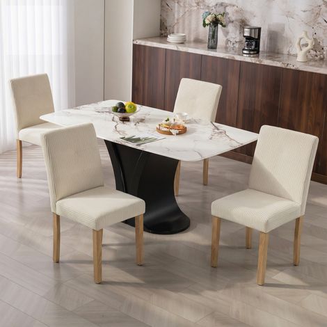 Pack de 4 Sillas de Comedor Respaldo Alto Tapizadas en Pana Asiento Acolchado Patas de Madera para Salón Beige (1/5)