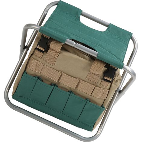Tabouret pliant robuste avec sac et trousse à outils de jardinage multifonctionnelle argentée (1/5)