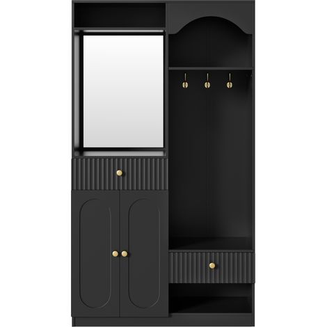 Garde-robe compacte noire en MDF avec miroir, banc, patères et éclairage LED multicolore (1/5)