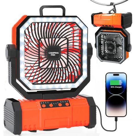 (Orange) Ventilateur de camping extérieur, ventilateur rechargeable 20000mAh, avec lumière LED et télécommande. (1/5)