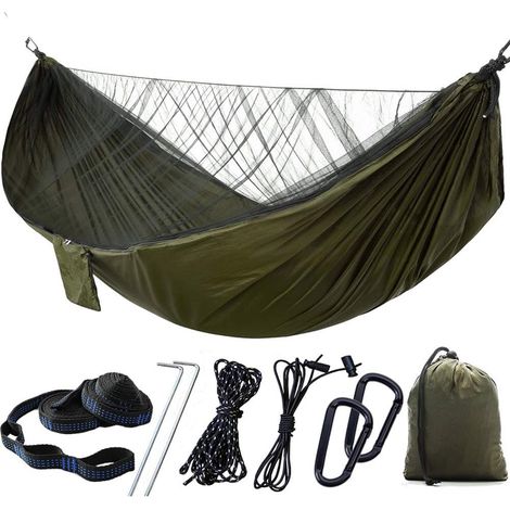JSSEVN - Moskitonetz-Hängematte, ultraleichte Camping-Hängematte mit hoher Tragfähigkeit und automatischem Moskitonetz, 2 Personen (Armeegrün) (1/5)