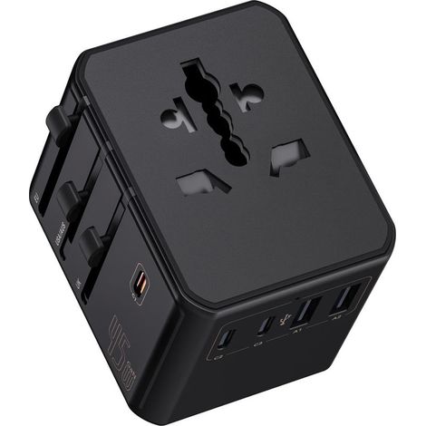 Universal Plug Adapter with 3 USB-C and 2 USB-A, 45W PD Fast Charging Travel Adapter, Compact and Lightweight for International Business and Leisure Travel, Black (1/5)