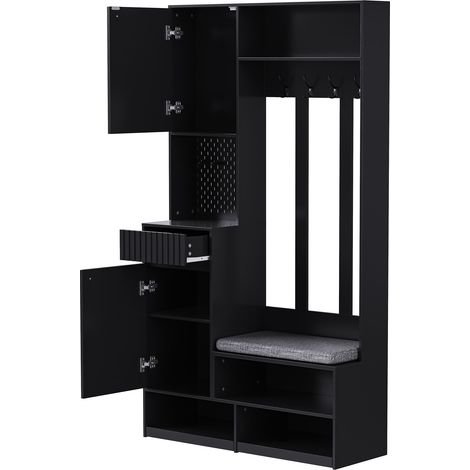 Porte-manteau mural noir avec banc, 4 crochets, portes et tiroirs - ensemble complet 100×180×35 cm (1/5)