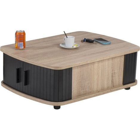 Table basse chêne naturel à rideaux noir Lohan (1/2)
