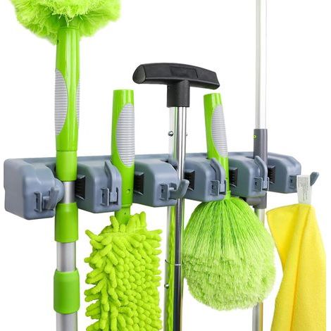 Wall-mounted 6-hook rack for brooms and garden tools, Grey, 6.2 cm x 40.5 cm x 8.5 cm (1/5)