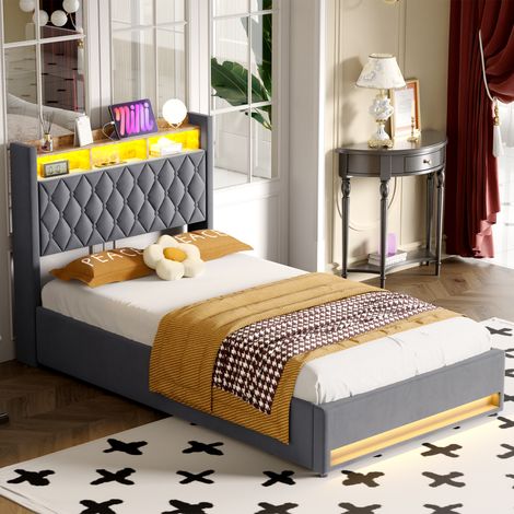 Lit rembourré 140x190 cm en velours avec cadre métal et sommier inclus gris foncé OKMYHOME (1/5)