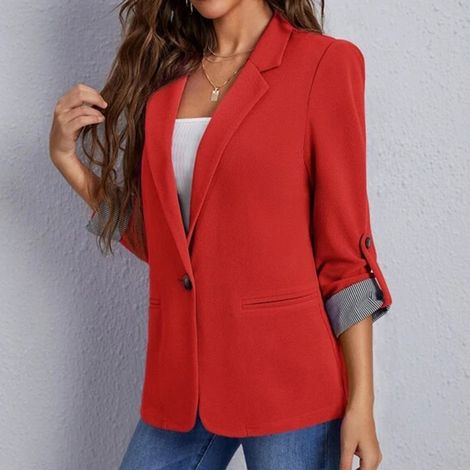 Veste tailleur femme rouge taille S, col rabattu, manches 3/4, ouverte sur le devant, idéale pour le bureau. (1/4)