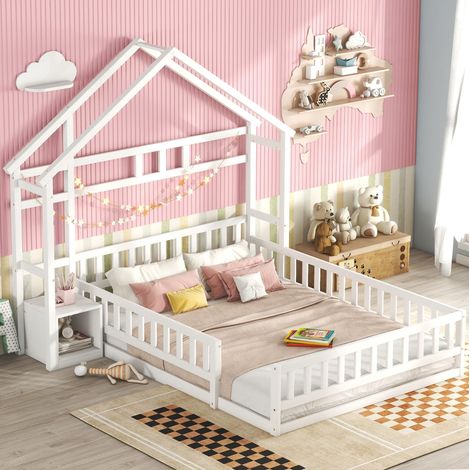 Lit maison enfant 140x200 rangement chevet pin blanc HAVRYA (1/5)