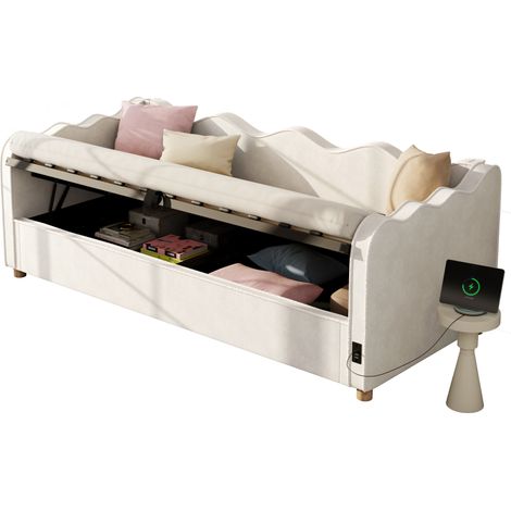 Lit de jour 90/200 cm beige en velours avec rangement hydraulique et prise USB (1/5)