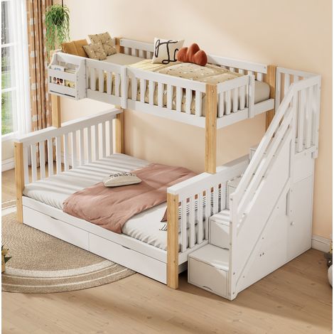 Letto a castello per bambini multifunzione in legno massello bianco+naturale 90x200/140x200 cm con contenitori e rete a doghe (1/5)