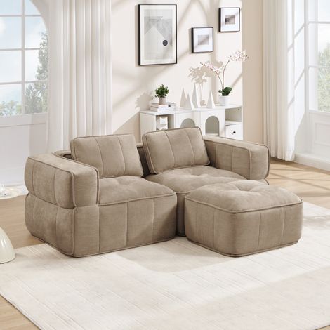 Divano angolare modulare a 2 posti con pouf, 198 x 162 x 67 cm, poliestere, sabbia DESVIAE (1/5)