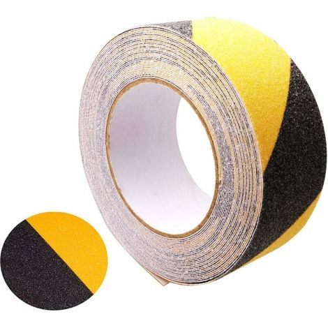Cinta adhesiva antideslizante premium de color negro y amarillo de 10 m x 5 cm, cinta de seguridad antideslizante para escaleras interiores y exteriores. (1/5)