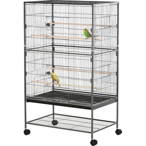 Vogelkäfig aus Holz für den Innenbereich mit Tablett, 4 Rädern und Sitzstange, 78 x 52 x 132 cm