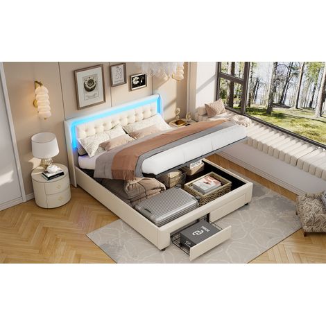 Lit pneumatique avec tiroirs 140x190 cm, velours beige, coffre hydraulique, pour chambre adulte, matelas non inclus, gain de place, design moderne (1/5)