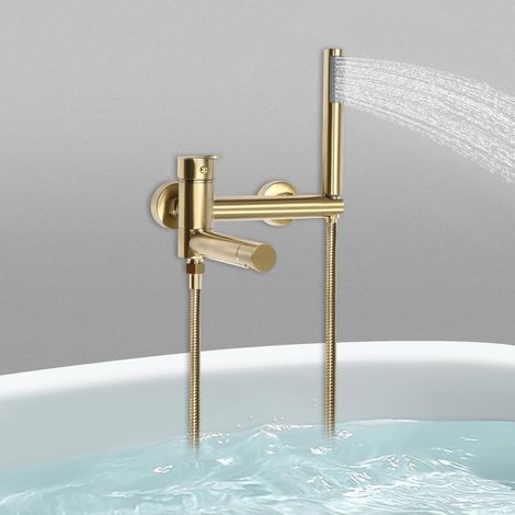Badewannenarmatur mit Handbrause, 90° Drehbaren Auslauf Wandmontage Badewannenhahn, Badewannenarmatur mit Thermostat, Wasserhahn für Badezimmer (Gold) (1/5)