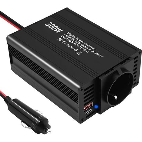 300W Convertisseur 12V 220V 230V Convertisseur de Tension Onduleur Prise Allume Cigare Transformateur de Puissance avec 1 Prises EU, 1 Type-C et 1 Ports USB pour Phone Tablette Voiture Camion (1/5)