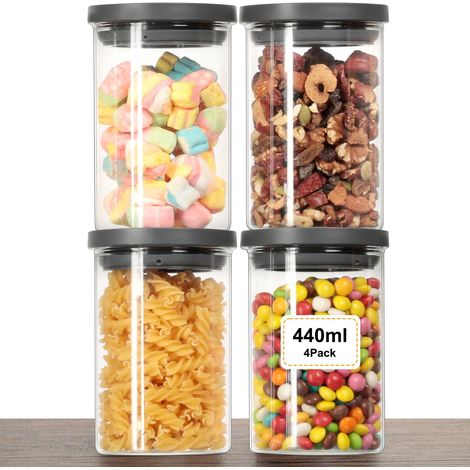 4 Bocaux en Verre Hermétiques Sans BPA, Set de Récipient en Verre Avec Couvercle pour Cuisine (440ml), Stockage Aliments Secs (1/5)