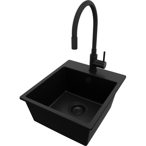 PRIMAGRAN Evier Cuisine en Granit 38x44cm, Lavabo 1 bac + Robinet 40x38cm + Kit de Vidage, Évier à Encastrer au meuble 40cm - Riga Easy, Tout Noir