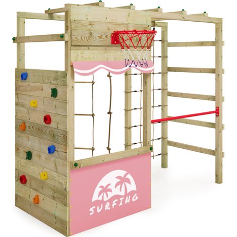 WICKEY Wooden climbing frame Smart Action Garden playhouse with climbing wall & play-accessories - pastel pink