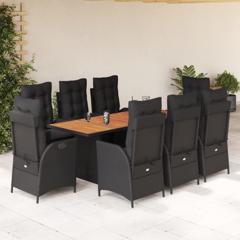 9-tlg. Garten-Essgruppe mit Kissen Schwarz Poly Rattan vidaXL
