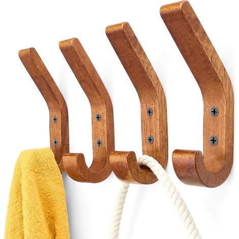 Porte manteau mural bois - Lot de 4 patères en J Couleur noyer 155 mm, Patere murale version améliorée, Chêne qualité A, Surface polie et huilée, pour Cuisine Chambre (1/5)