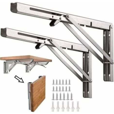 Équerres murales pliantes en acier inoxydable – 2 pièces, 20 cm, charge 50 kg, finition argentée – TRIMEC (1/5)