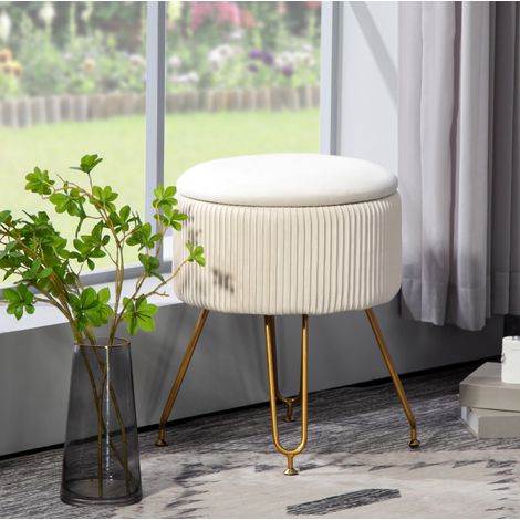 Pouf contenitore rotondo Ø40 x 48 cm con coperchio, effetto velluto, bianco crema DESVIAE (1/5)