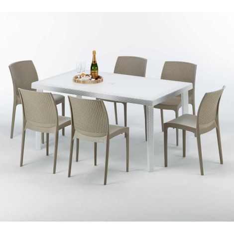 Tavolo Rettangolare Bianco 150x90 cm con 6 Sedie Colorate Bohème Summerlife - Beige