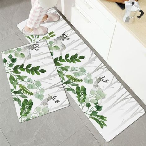 2er-Set rutschfeste Küchenläufer – Blattmuster – 40x60 cm und 40x120 cm – Farben Grau und Grün