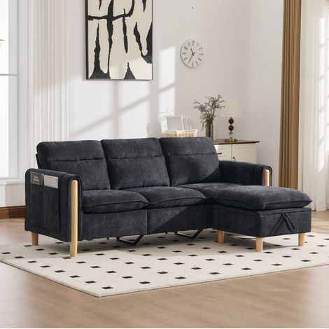 3-Sitzer-Chenille-Chaiselongue-Sofa mit Stauraumhocker, Schwarz (1/5)