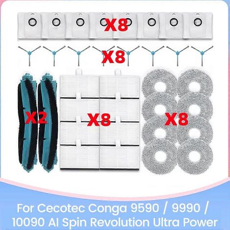 Lot de 34 pièces pour Cecotec Conga 9590/9990/10090 AI Spin Revolution Ultra Power : brosse, filtre HEPA, chiffon et sac à poussière. (1/5)