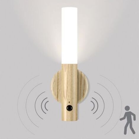 Applique Murale Sans Fil Bois, Veilleuse LED Rechargeable Murale avec Détecteur de Mouvement, lampe de chevet murale à Pile, Veilleuse Magnétique pour Escalier Chambre Couloir (Bois Clair) (1/5)