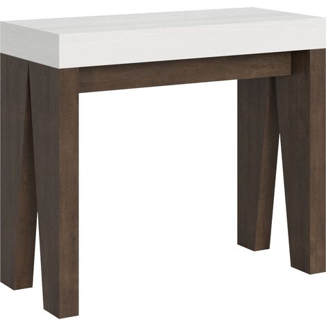 Console extensible blanche pieds bois noyer 12 personnes 40 à 300cm Naxo-Support 2 pieds (1/5)