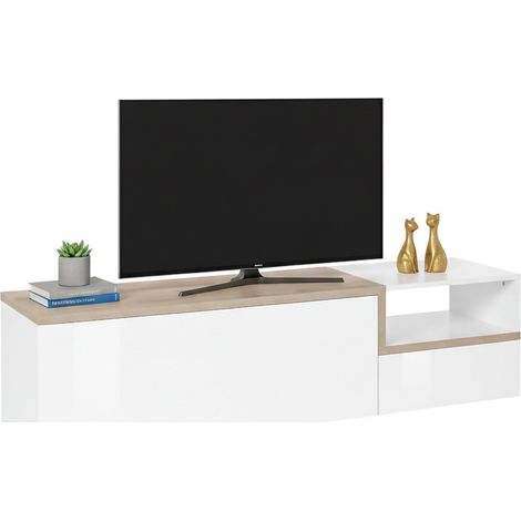 Dmora - Mobile porta TV Fluorite, Credenza bassa da soggiorno a 2 ante, Base porta televisione, 100% Made in Italy, cm 160x40h46, Bianco lucido e Acero