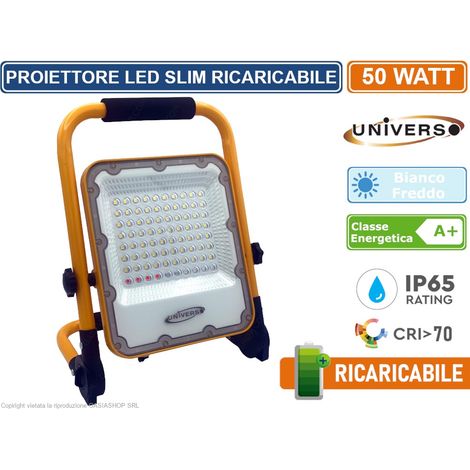 UNIVERSO FARO LED SLIM SMD 50W RICARICABILE E PORTATILE CON MANIGLIA E STAFFA DA ESTERNO IP65 -6500K - Colore Luce: Bianco Freddo (1/4)