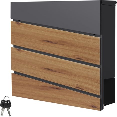 ML-Design Briefkasten Anthrazit/Holzoptik Eiche, aus Stahl, Postkasten mit Zeitungsfach, Abschließbar, 2 Schlüssel, 37x37x11 cm, Moderner Wandbriefkasten mit Zeitungsrolle, Mailbox für Wandmontage