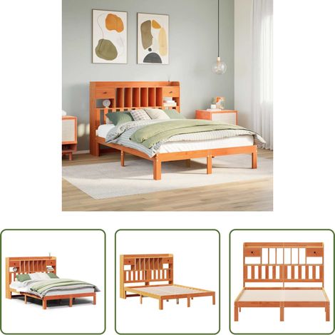 Sommier à lattes - Lit bibliothèque sans matelas cire marron 135x190 cm pin massif (1/5)