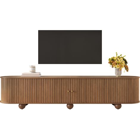 Meuble TV incurvé, meuble TV, portes coulissantes, meuble TV rétro, mobilier de salon, portes coulissantes à rainures verticales, pieds boule (1/5)