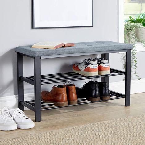 Sleaford Grey Linen Metal Shoe Bench with Storage Shelf (1/5)