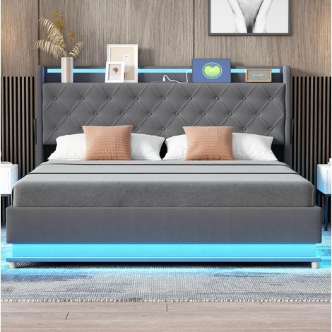 Letto contenitore 160x200 cm con LED, USB e vano contenitore idraulico grigio DESVIAE (1/5)