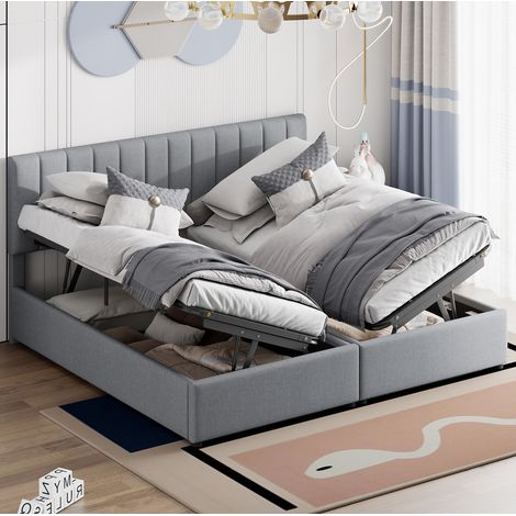 Cama tapizada de lino gris 180x200 cm con almacenamiento hidráulico y convertible en 2 camas de 90 cm (1/5)