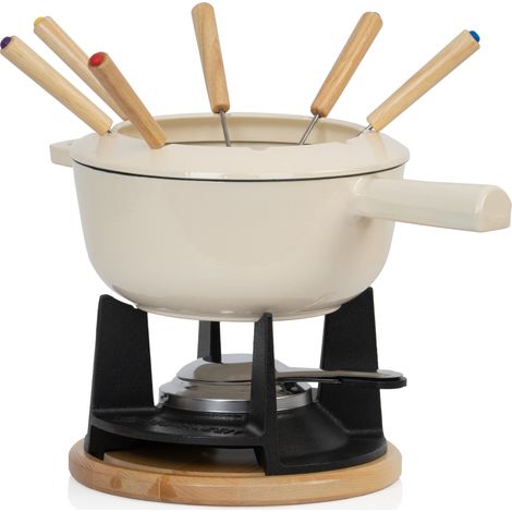 Service à fondue 13 pièces en fonte émaillée pour 6 personnes – 2 L – Brûleur en fonte avec diffuseur de flammes – Fourchettes en bois colorées – Mahlzeit